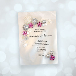 Invitación Boda de botones de perla blanca y diamantes rosas 