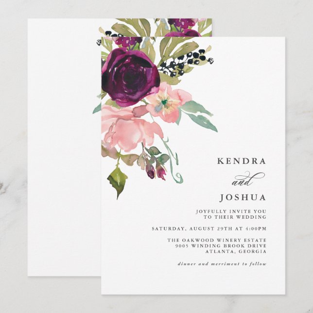 Invitación Boda de Bouquet acuarela rosa y borgoña (Anverso / Reverso)