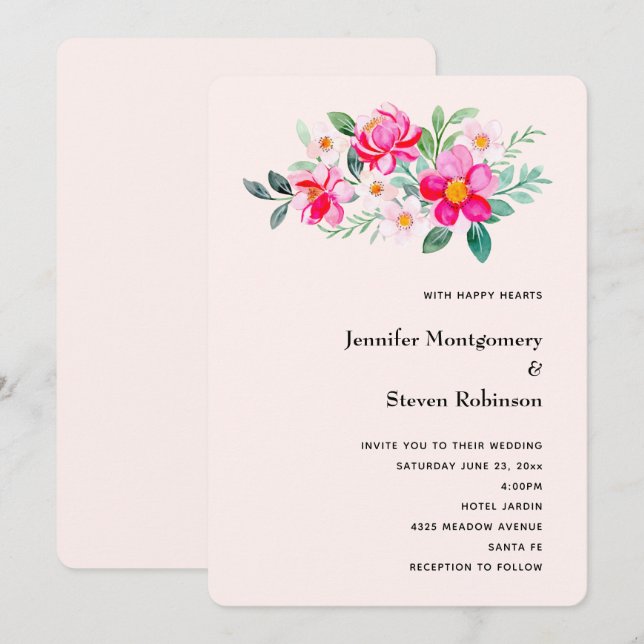 Invitación Boda de Bouquet de flores rosadas de Bonito juguet (Anverso / Reverso)