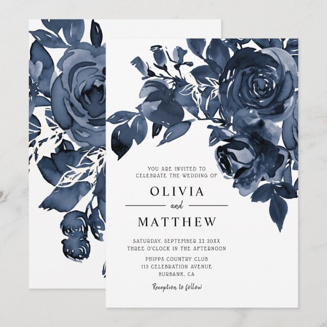 Invitación Boda de Bouquet de tinta oscura azul floral modern (Anverso / Reverso)