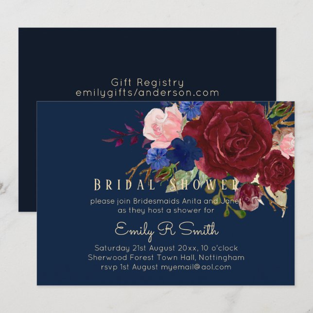 Invitación Boda de Bouquet Floral Azul de Borgoña de Marina (Anverso / Reverso)