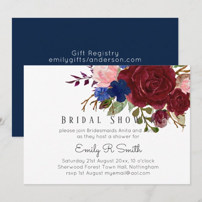 Invitación Boda de Bouquet Floral Azul de Borgoña de Marina (Anverso / Reverso)