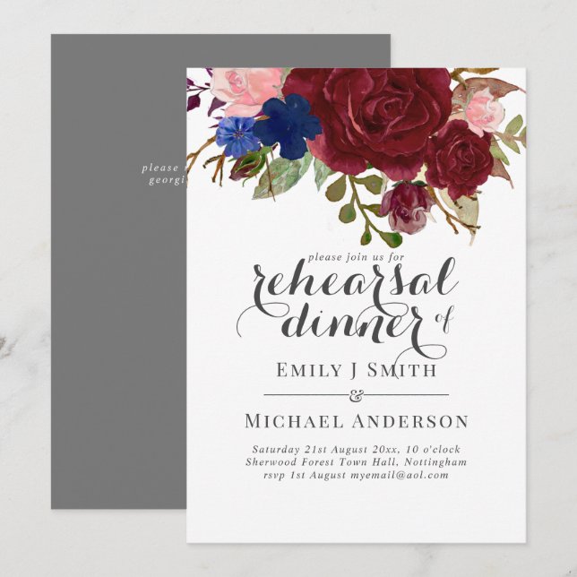 Invitación Boda de Bouquet Floral Azul de Borgoña de Marina (Anverso / Reverso)