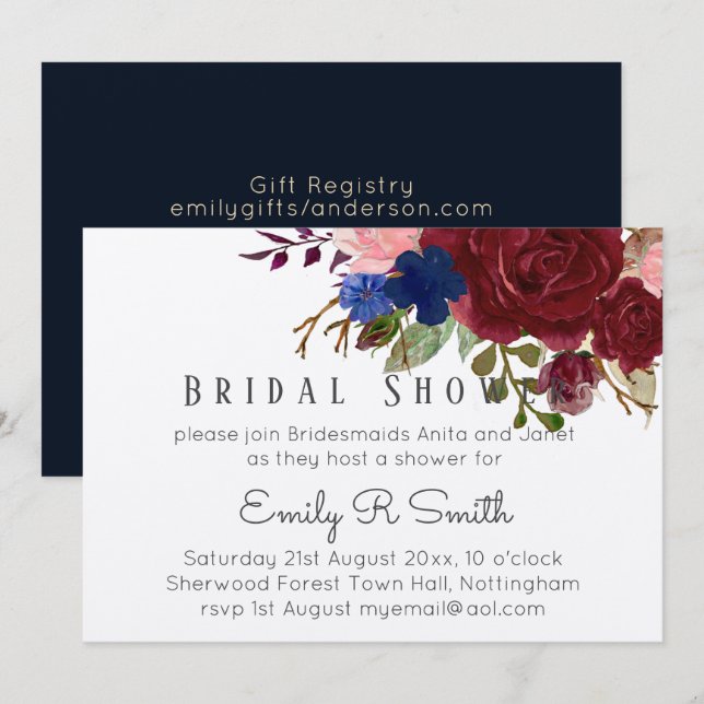 Invitación Boda de Bouquet Floral Azul de Borgoña de Marina (Anverso / Reverso)
