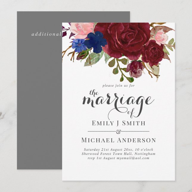 Invitación Boda de Bouquet Floral Azul de Borgoña de Marina (Anverso / Reverso)