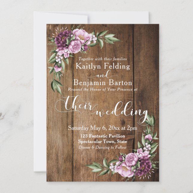 Invitación Boda de Bouquet Rustic Brown Wood Pink Peonies (Anverso)