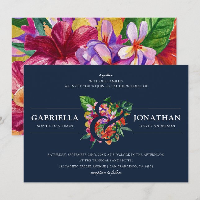 Invitación Boda de Bouquet Tropical Moderno de la Marina (Anverso / Reverso)