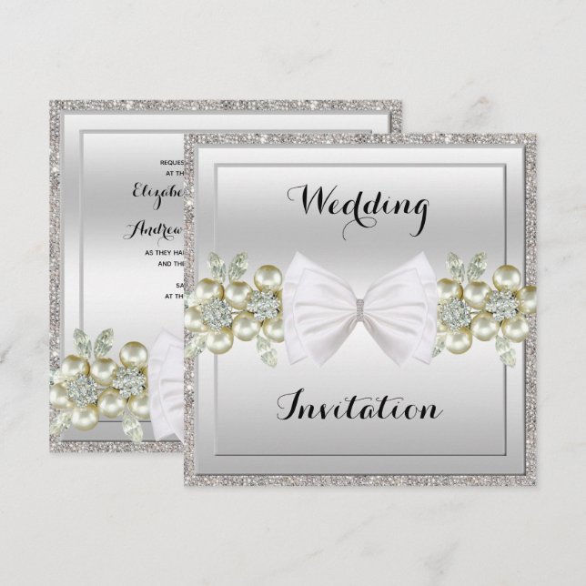Invitación Boda de Bow Purpurina de Secuencias de Plata y Gem (Anverso / Reverso)