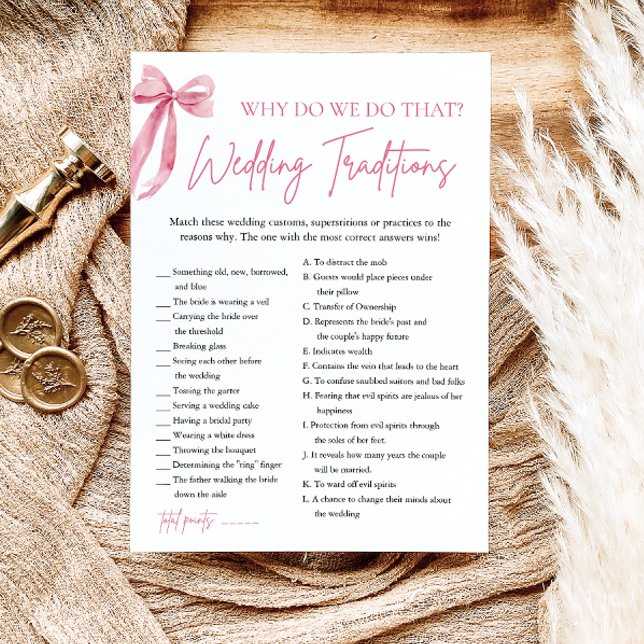 Invitación Boda de Bow Rosado Tradiciones de juego de ducha d (Pink Bow Wedding Traditions Bridal Shower Game)