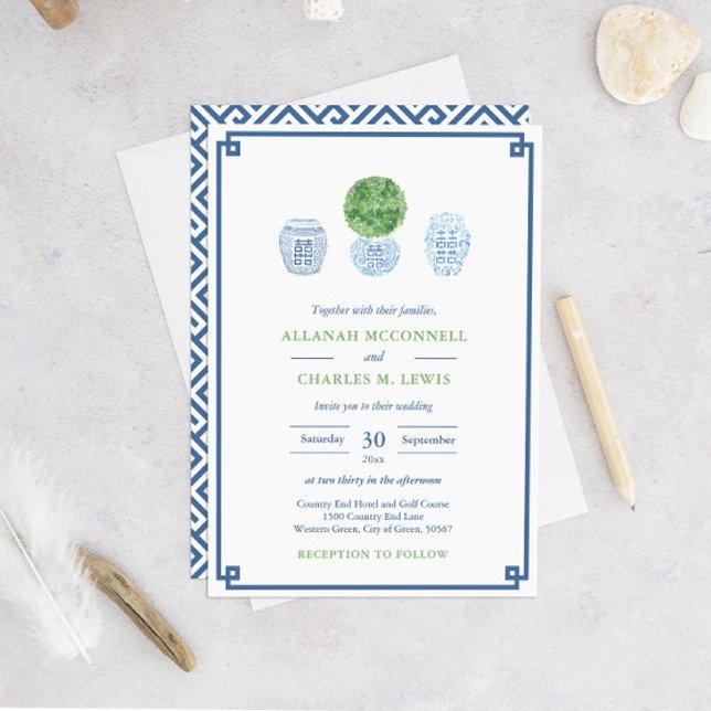 Invitación Boda De Boxwood Pintado De Mano Verde Y Azul Prepp (Smart Navy Blue And Green Greek Key Boxwood Wedding Invitation)