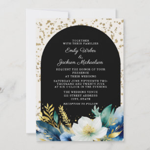 Invitación Boda de brillo de arco floral de oro blanco naval