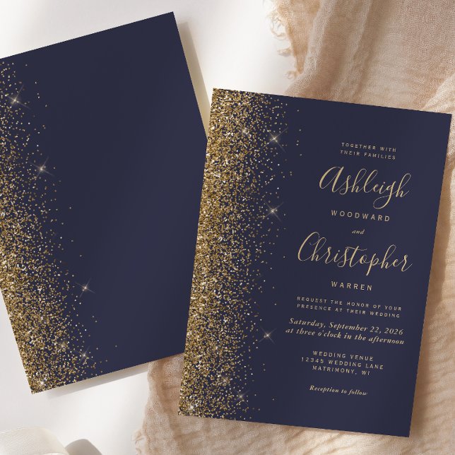 Invitación Boda de brillo dorado azul oscuro moderno (Subido por el creador)