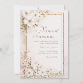 Invitación Boda de Brillo Dorado con Flor Blanca Etérea