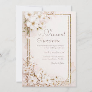 Invitación Boda de Brillo Dorado con Flor Blanca Etérea