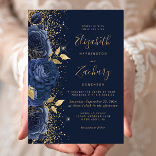 Invitación Boda de brillo dorado y azul marino floral