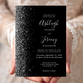 Invitación Boda de Brillo Falso Moderno Plata Negra