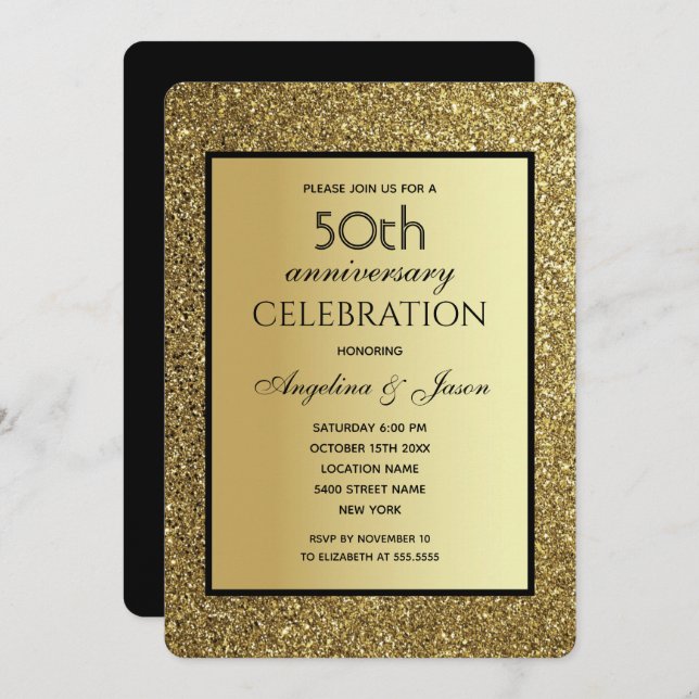 Invitación Boda de brillo negro y dorado 50 aniversario (Anverso / Reverso)