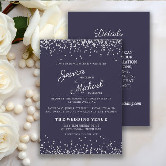 Invitación Boda de Brillo Plateado Azul Marino y Detalles
