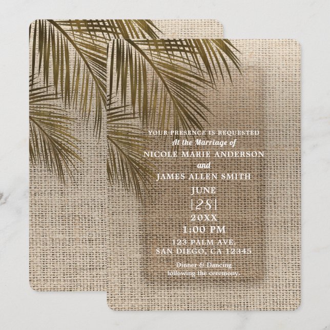 Invitación Boda de Bronce Palma Rústica Arpillera Bahama Bree (Anverso / Reverso)
