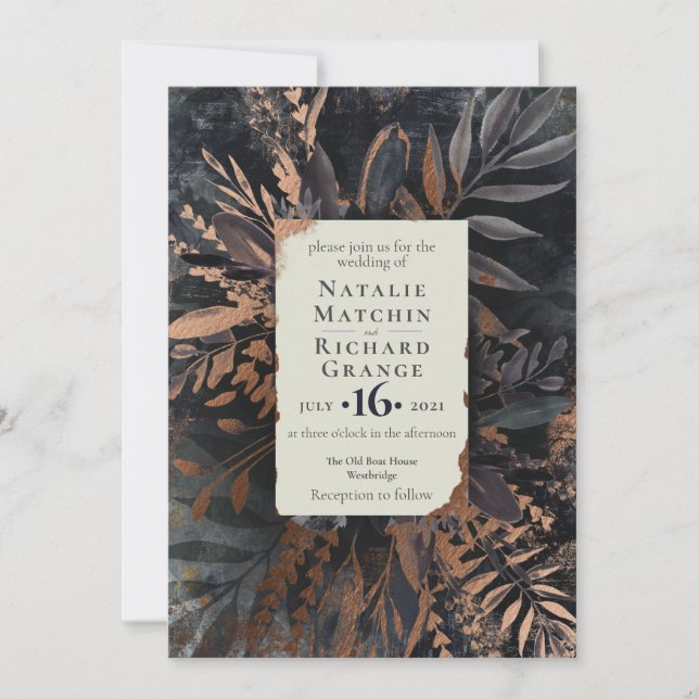 Invitación Boda de Bronce y Slate Moody Bouquet, (Anverso)