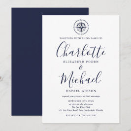 Invitación Boda de brújula náutica azul marino script
