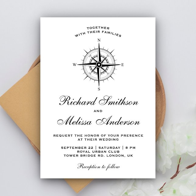 Invitación Boda de brújula náutica moderna en blanco y negro (Subido por el creador)