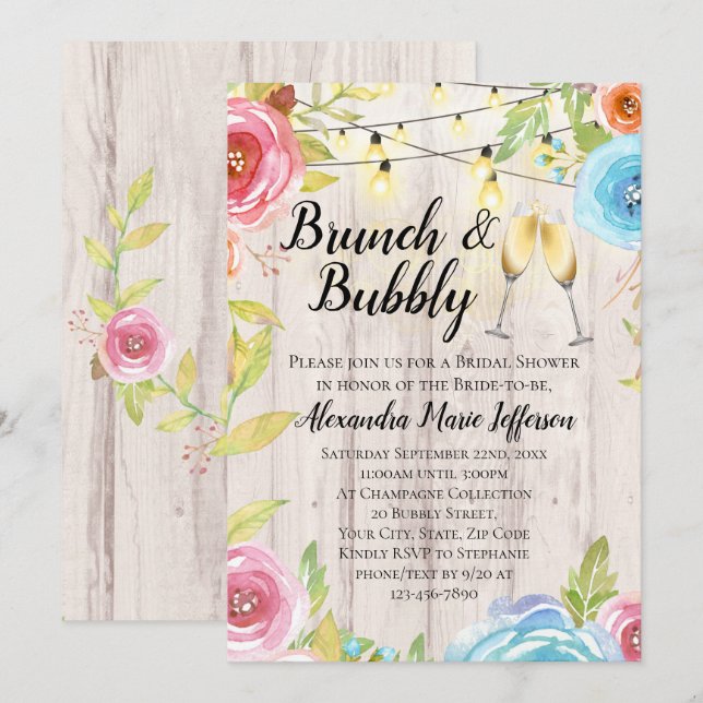 Invitación Boda de Brunch Bubbly Flower Country Light (Anverso / Reverso)