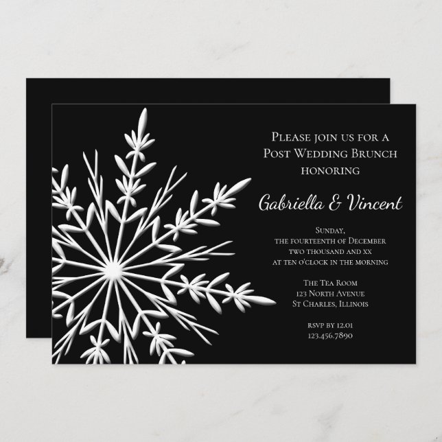 Invitación Boda de Brunch de Copo de Nieve Blanco Negro de In (Anverso / Reverso)