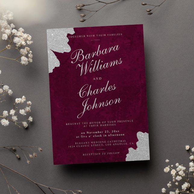 Invitación Boda de brusco de purpurina de plata de mármol de  (Burgundy marble silver glitter brushstroke wedding)