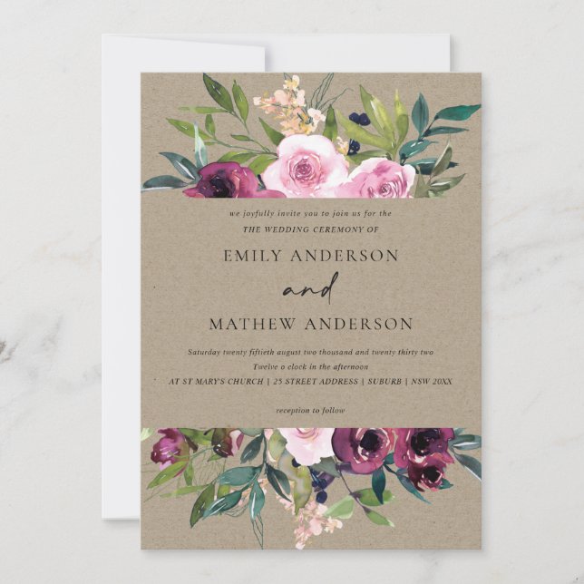 INVITACIÓN BODA DE BUNCH FLORAL BURGUNDY DE BRAFT RUBOR BURGU (Anverso)
