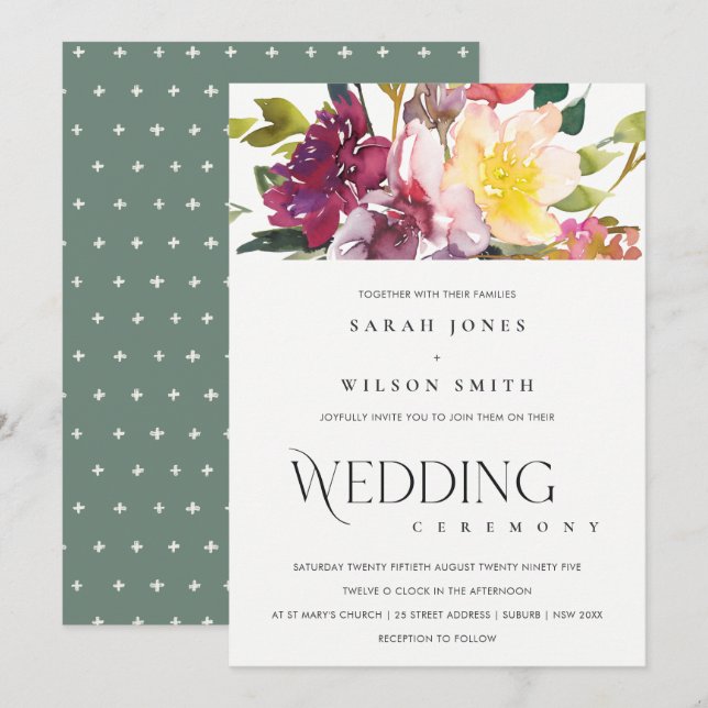 INVITACIÓN BODA DE BUNCH FLORAL BURGUNDY RUBOR DE AMARILLO BR (Anverso / Reverso)