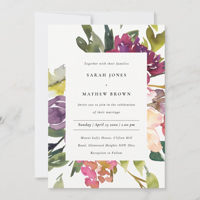 INVITACIÓN BODA DE BUNCH FLORAL BURGUNDY RUBOR DE AMARILLO BR (Anverso)