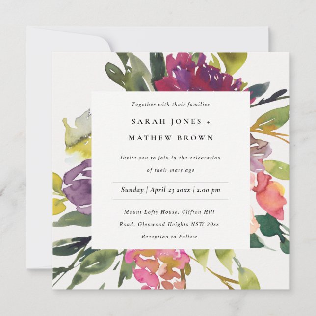 INVITACIÓN BODA DE BUNCH FLORAL BURGUNDY RUBOR DE AMARILLO BR (Anverso)