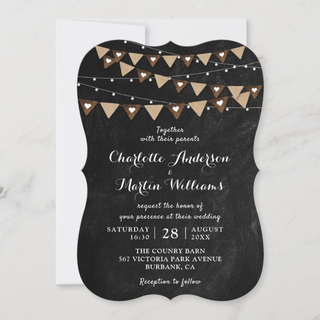 Invitación Boda de Bunting de Black Chalkboard String Lights (Anverso)