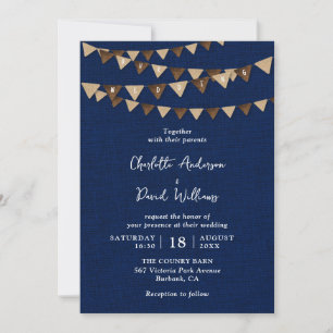 Invitación Boda de Bunting Rústico Navy Blue Burlap