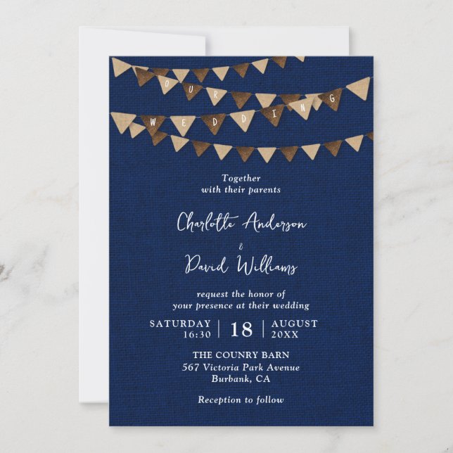 Invitación Boda de Bunting Rústico Navy Blue Burlap (Anverso)