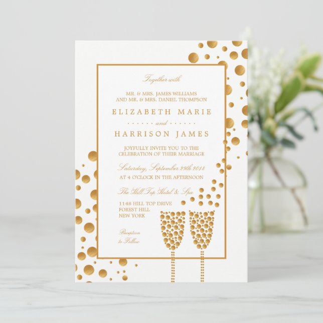 Invitación Boda de burbujas de champán de oro (Anverso de pie)