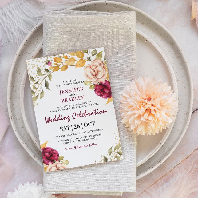 Invitación Boda de Burgandy Floral & Purpurina de oro (Subido por el creador)