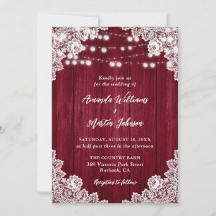 Invitación Boda de Burgundy Barn Wood Lace String Lights