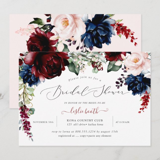 Invitación Boda de Burgundy Blush Flores Navales Bridal Showe (Anverso / Reverso)