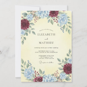 Invitación Boda de Burgundy, Centaurea y Hortensia con Eucali