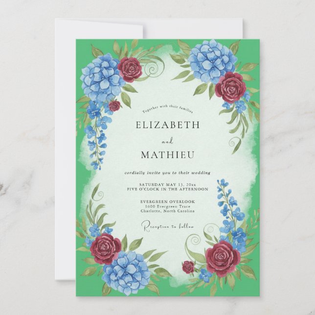 Invitación Boda de Burgundy Cornflower Hydrangea Sage (Anverso)