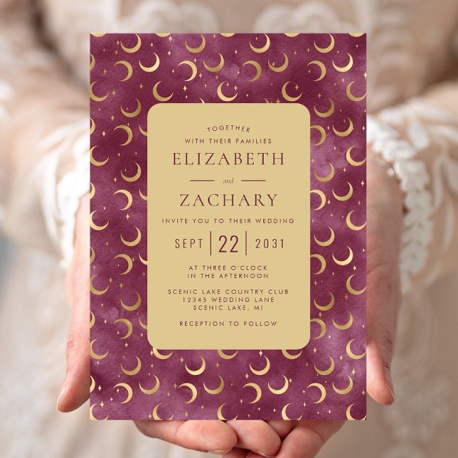 Invitación Boda de Burgundy Gold Moons Acuarela Celestial (Subido por el creador)