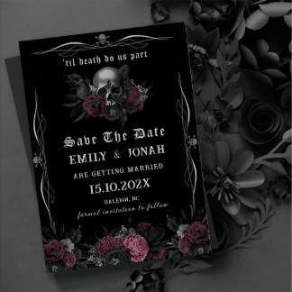 Invitación Boda de Burgundy Gothic Floral Skull Save The Date
