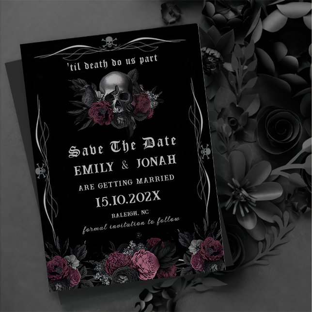 Invitación Boda de Burgundy Gothic Floral Skull Save The Date (Subido por el creador)