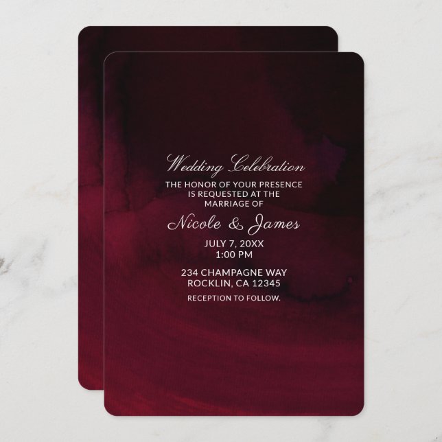 Invitación Boda de Burgundy Granate Malhumorado Acuarela Mode (Anverso / Reverso)