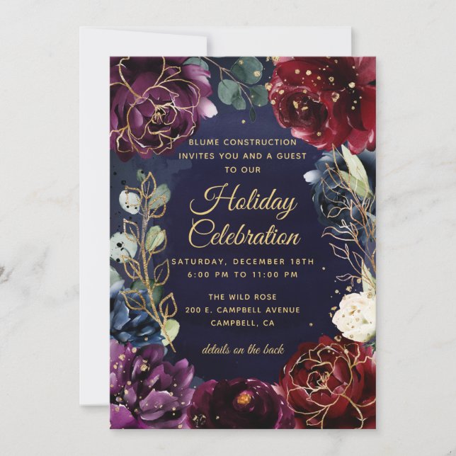 Invitación Boda de Burgundy Navy Gold (Anverso)