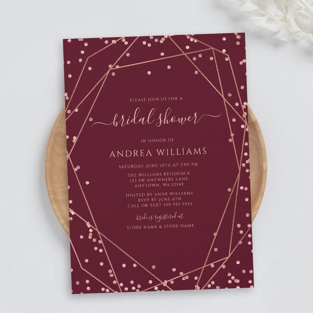 Invitación Boda de Burgundy Rose Gold Glitter Geométrico (Subido por el creador)
