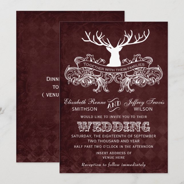 Invitación Boda de Burgundy Rustic Antler Deer Woodland (Anverso / Reverso)