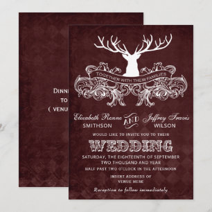 Invitación Boda de Burgundy Rustic Antler Deer Woodland
